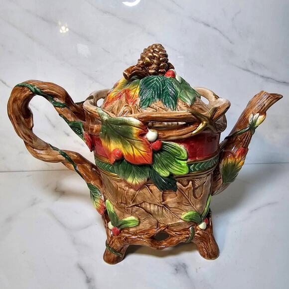 Fitz and Floyd Trio Christmas Lodge Fall Pinecone Leaf Tea Pot Plate and Bowl - Picture 2 of 10